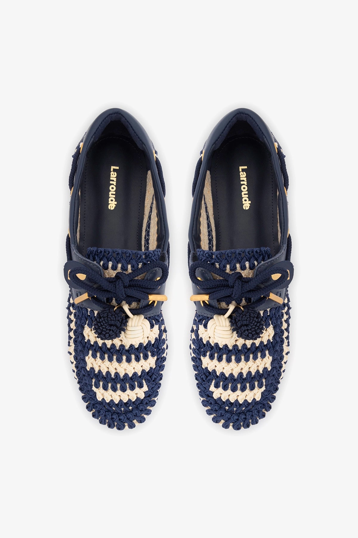 Cyprus Crochet Boat Shoe In Navy and Ivory Crochet and Navy Leather