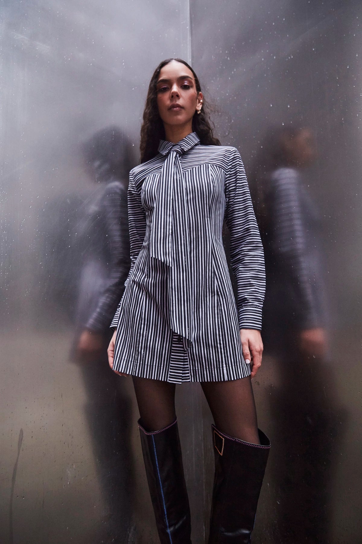 Annie Bustier Dress In Black and White Striped Cotton