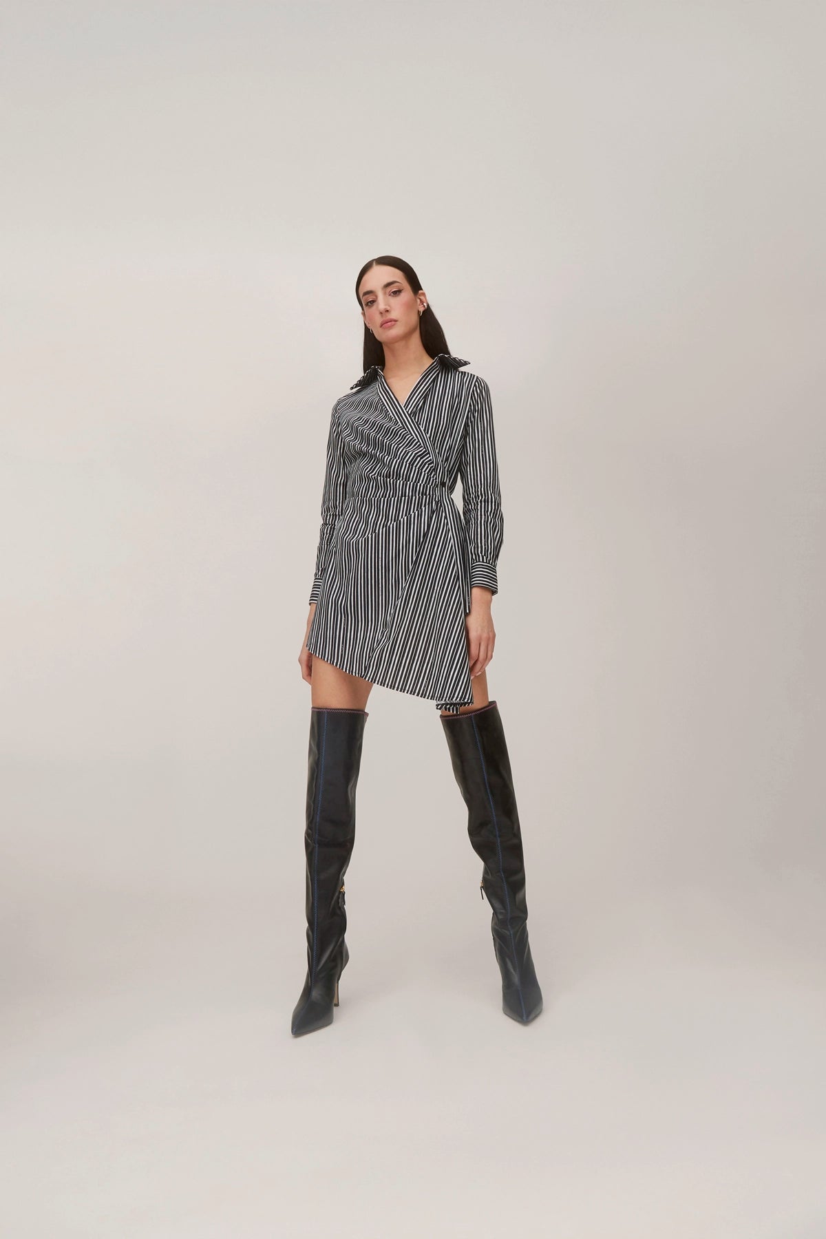Sashi Wrap Dress In Black and White Striped Cotton