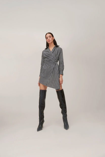 Sashi Wrap Dress In Black and White Striped Cotton