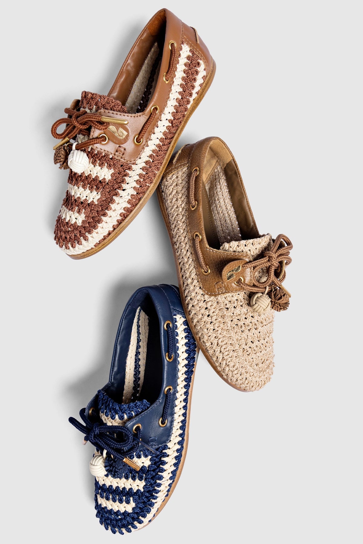 Cyprus Crochet Boat Shoe In Navy and Ivory Crochet and Navy Leather