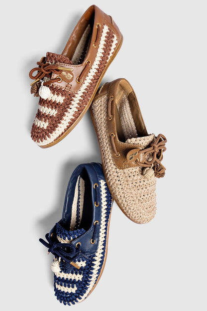 Cyprus Crochet Boat Shoe In Navy and Ivory Crochet and Navy Leather