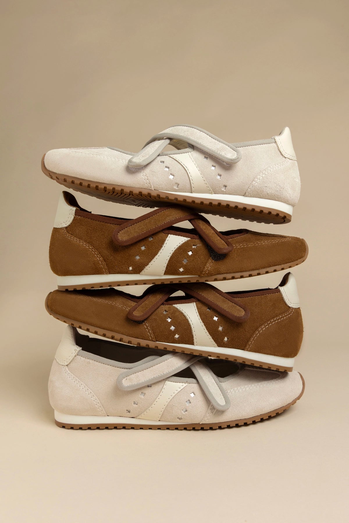 Stella Ballerina Flat In Mushroom Grey Suede and Ivory Leather