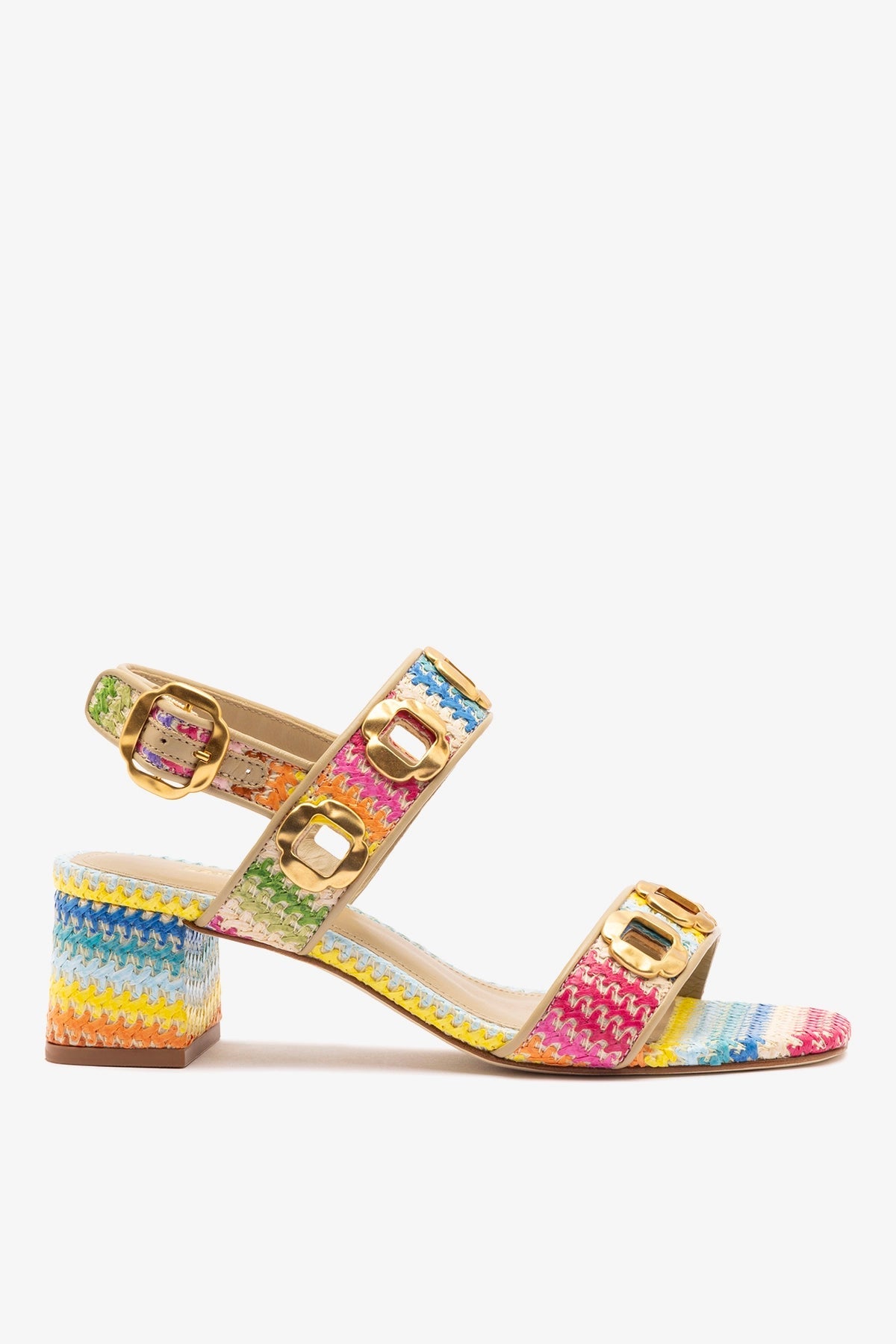 Milan Sandal In Rainbow Raffia and Beige Leather