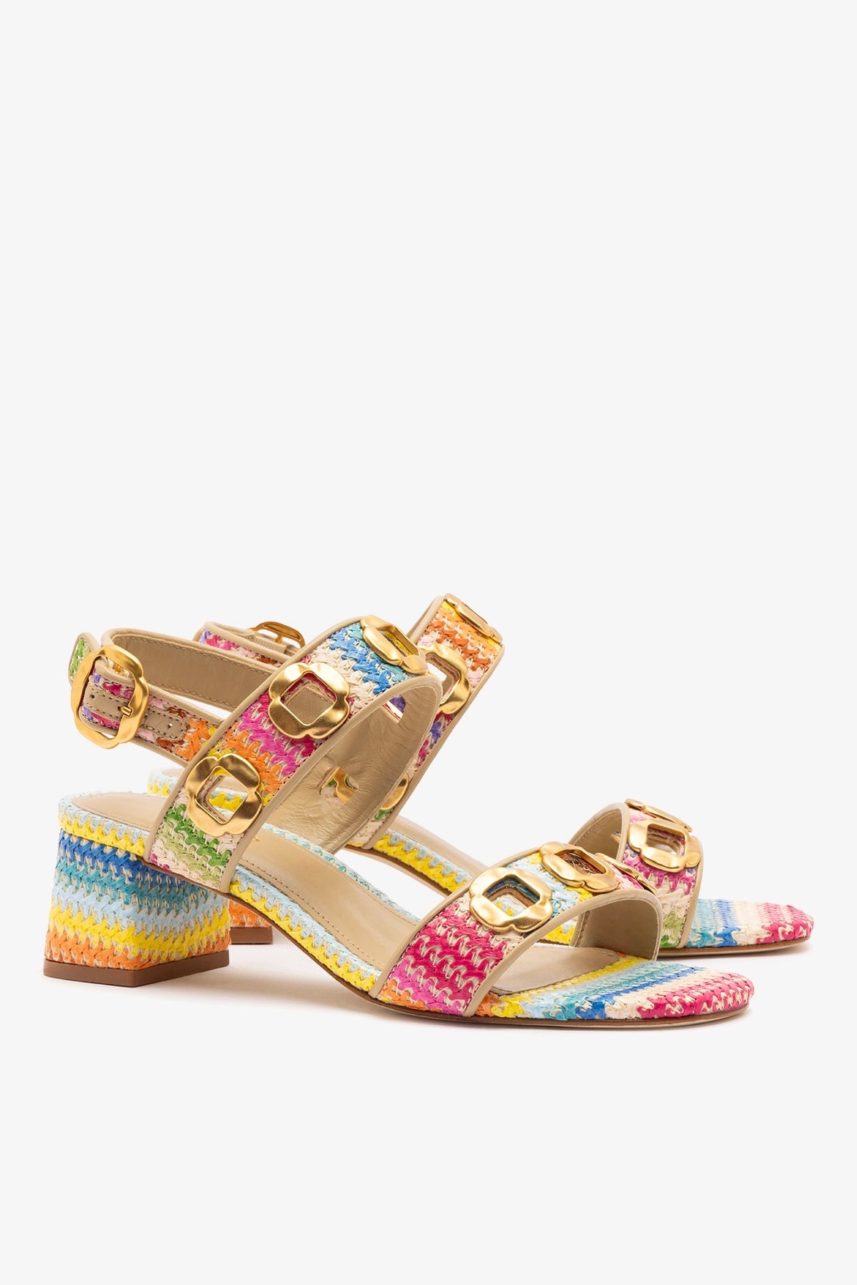 Milan Sandal In Rainbow Raffia and Beige Leather