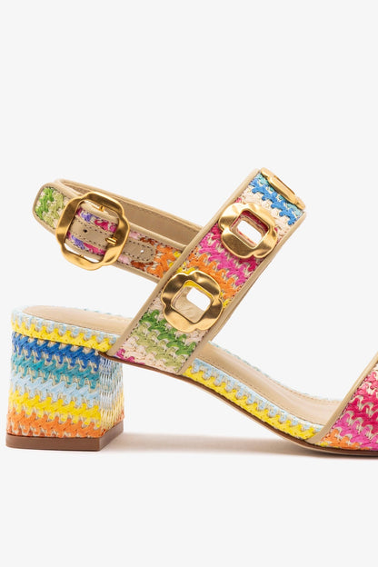Milan Sandal In Rainbow Raffia and Beige Leather