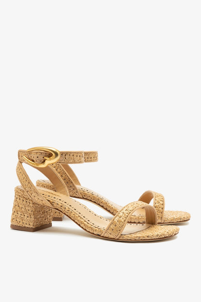 Verona Block Sandal In Beige Leather and Natural Raffia