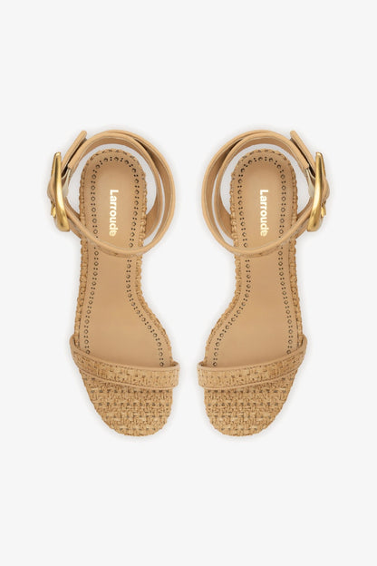 Verona Block Sandal In Beige Leather and Natural Raffia