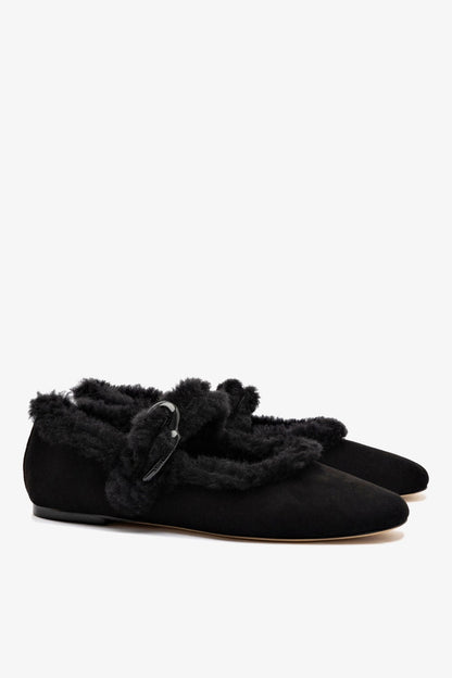 Verona Ballet Flat In Black Suede And Black Shearling