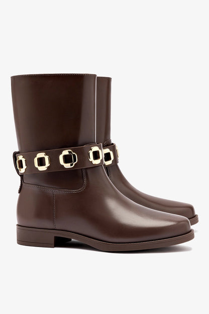 Milan Flat Bootie In Brown Water Resistant Leather