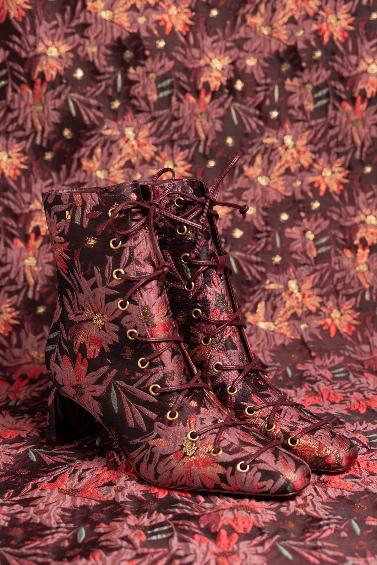 Larroudé x Markarian Alexis Boot In Floral Embroidery Burgundy Fabric