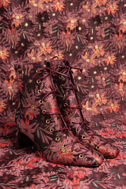 Larroudé x Markarian Alexis Boot In Floral Embroidery Burgundy Fabric