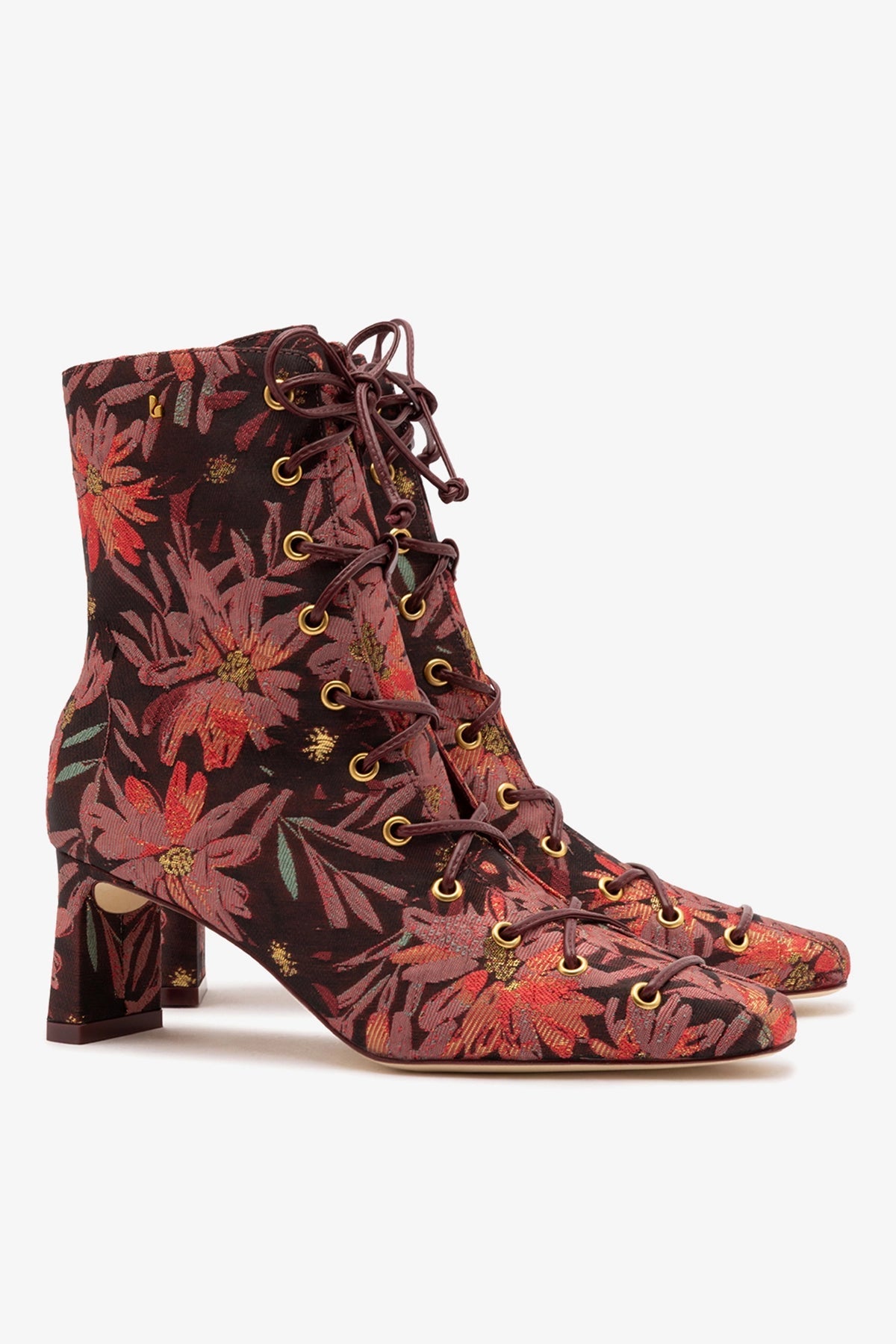 Larroudé x Markarian Alexis Boot In Floral Embroidery Burgundy Fabric