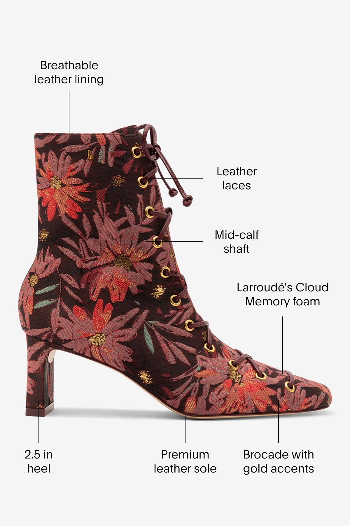 Larroudé x Markarian Alexis Boot In Floral Embroidery Burgundy Fabric