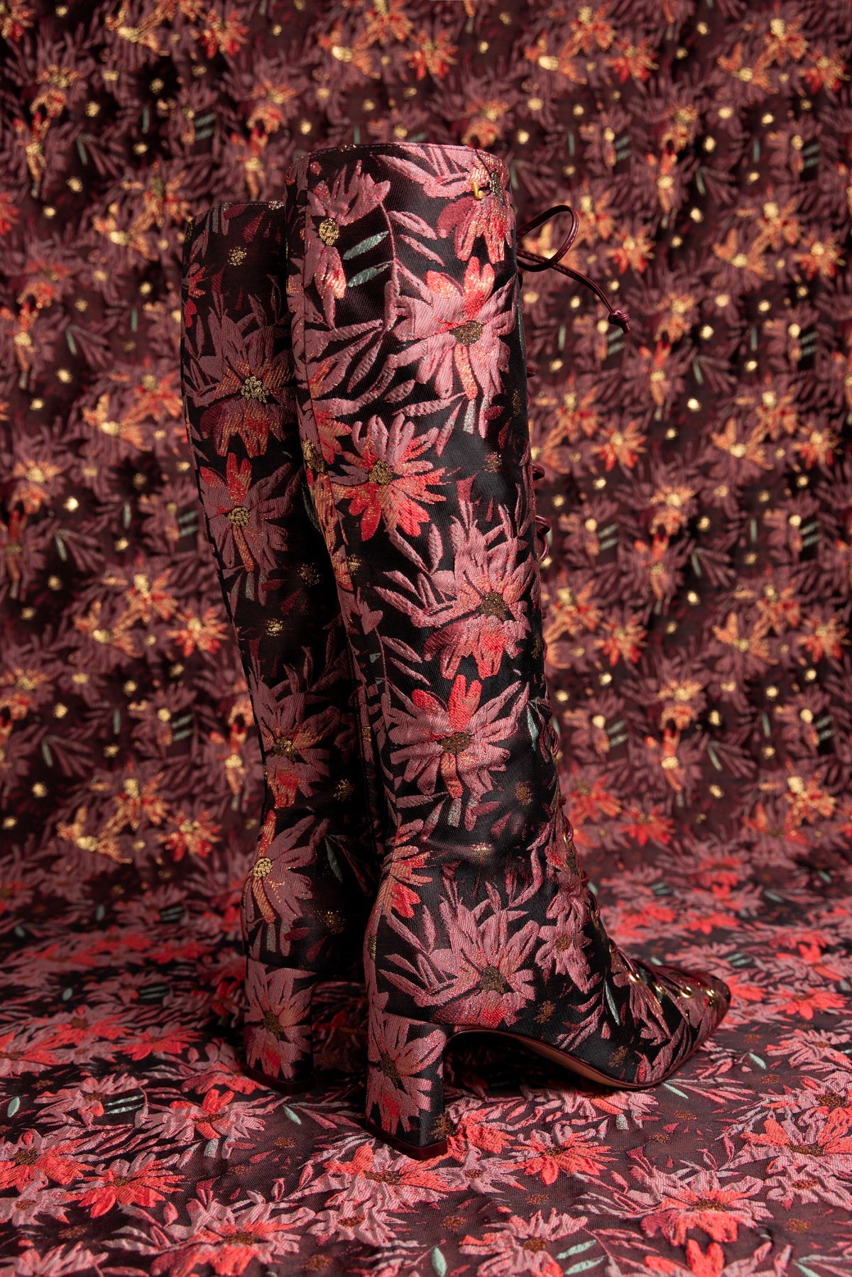 Larroudé x Markarian Alexis Hi Boot In Floral Embroidery Burgundy Fabric