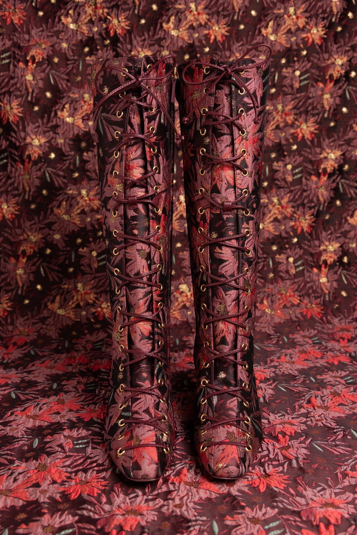 Larroudé x Markarian Alexis Hi Boot In Floral Embroidery Burgundy Fabric