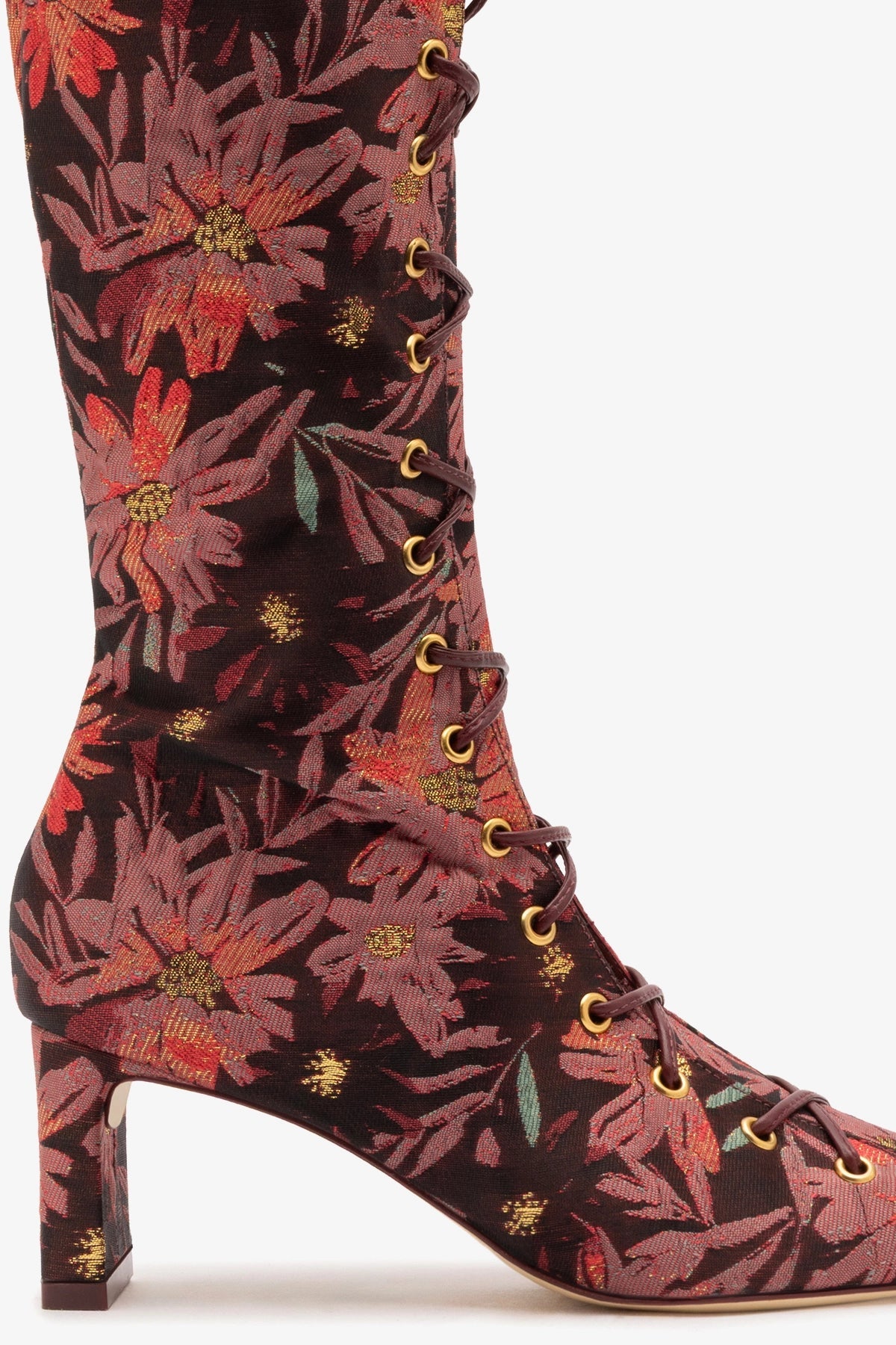 Larroudé x Markarian Alexis Hi Boot In Floral Embroidery Burgundy Fabric