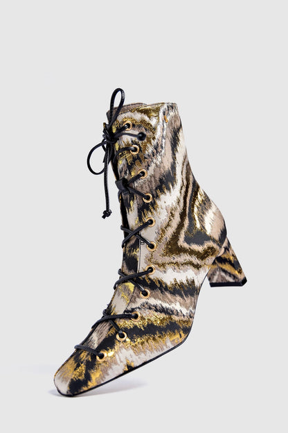 Larroudé x Markarian Alexis Boot In Floral Embroidery Gold Fabric