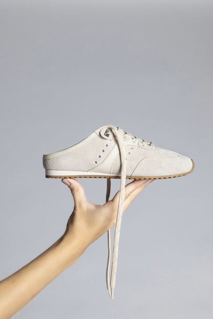 Stella Mule In Mushroom Grey Suede and Ivory Leather
