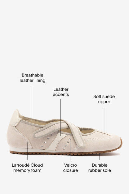 Stella Ballerina Flat In Mushroom Grey Suede and Ivory Leather