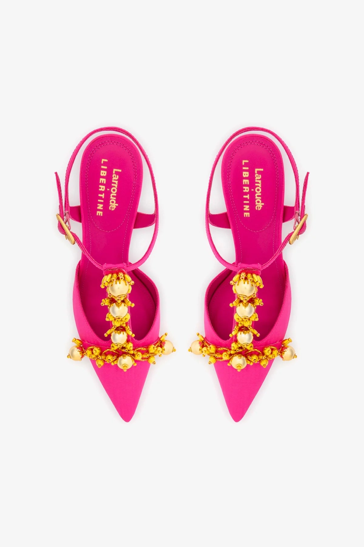 Larroudé x Libertine Pump In Magenta Fabric and Golden Balls