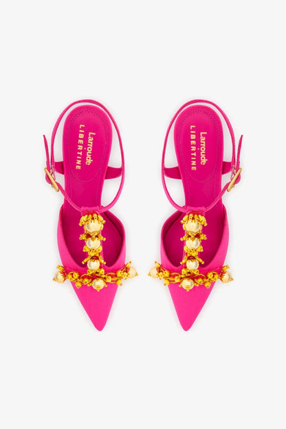 Larroudé x Libertine Pump In Magenta Fabric and Golden Balls