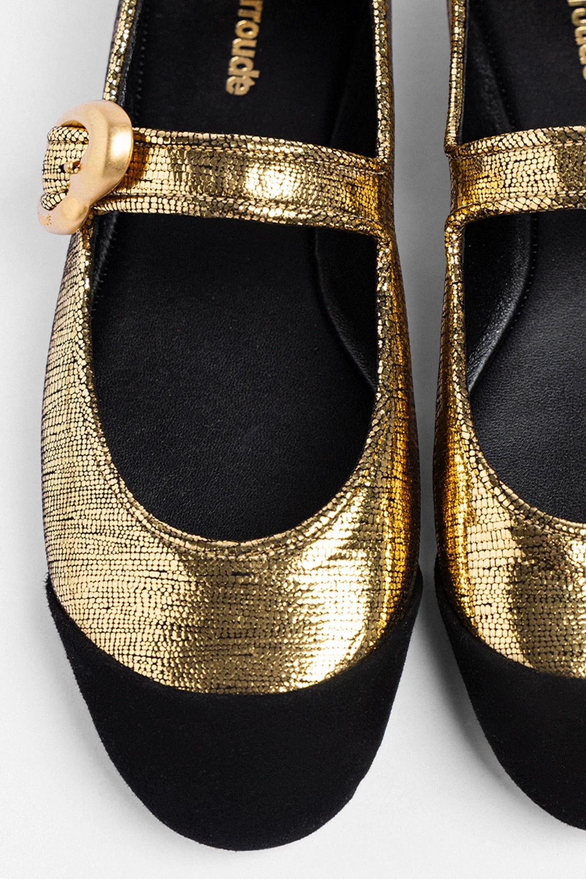 Verona Cap Ballet Flat Gold Leather and Black Suede