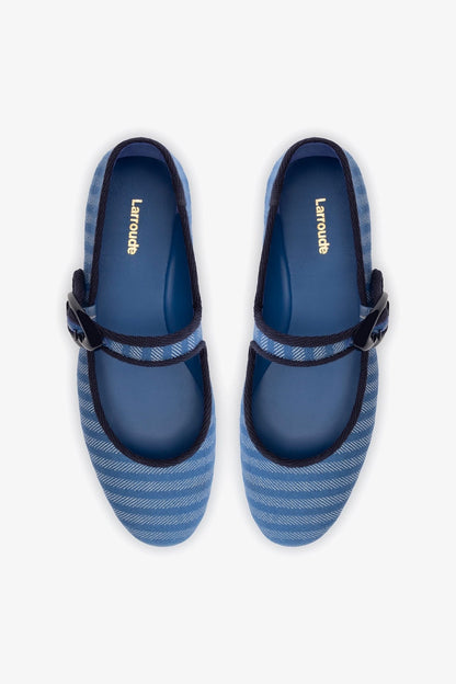 Verona Ballet Flat In Egyptian Blue Striped Fabric and Navy Trimming