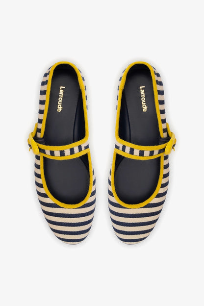 Verona Ballet Flat In Navy and Natural Striped Fabric and Lemonade Trimming