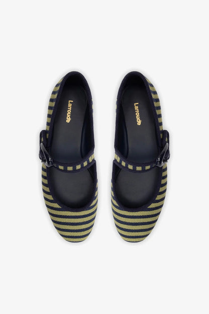 Verona Ballet Flat In Navy and Green Striped Fabric and Navy Trimming