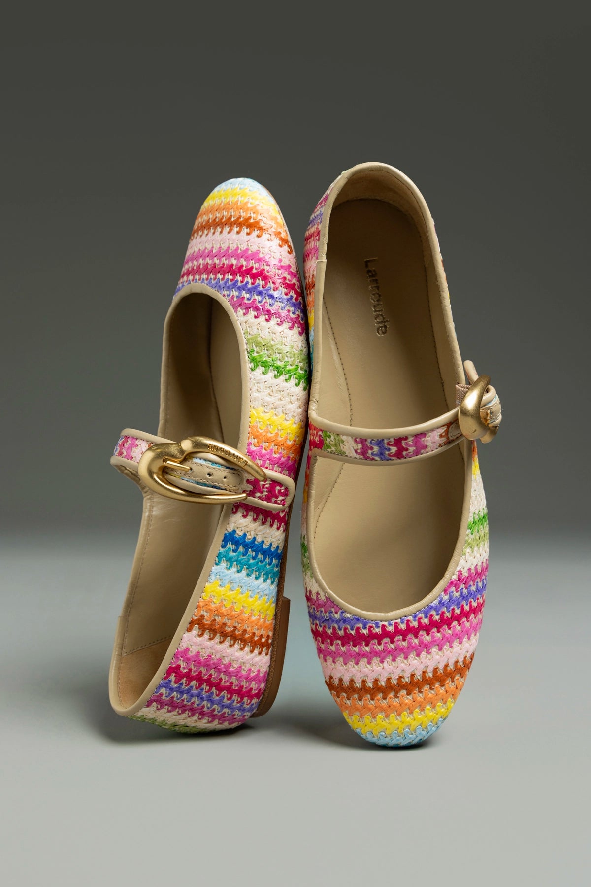 Verona Ballet Flat In Rainbow Raffia and Beige Leather