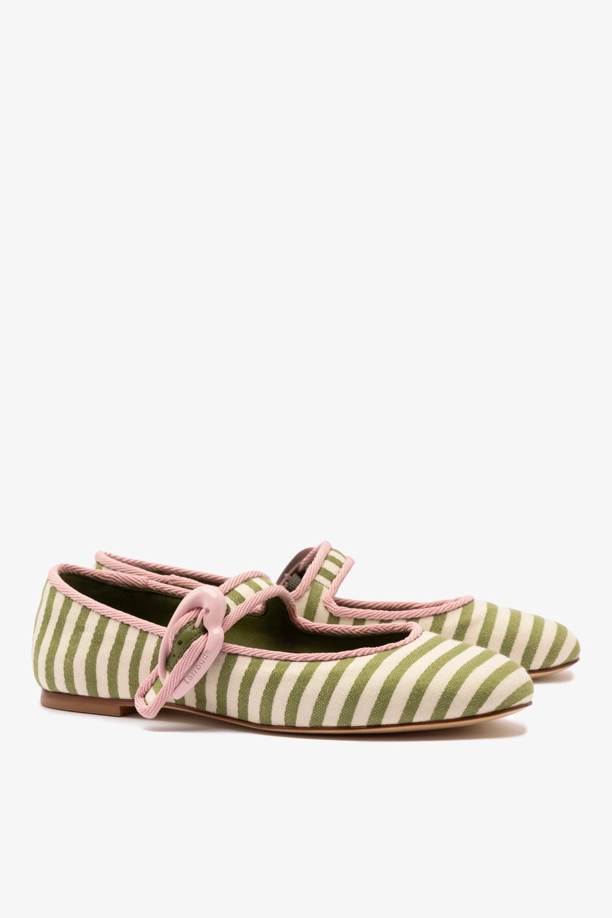Verona Ballet Flat In Seaweed and Natural Striped Fabric and Tulip Trimming