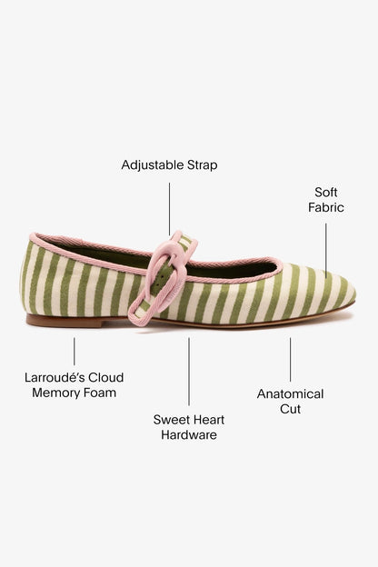 Verona Ballet Flat In Seaweed and Natural Striped Fabric and Tulip Trimming