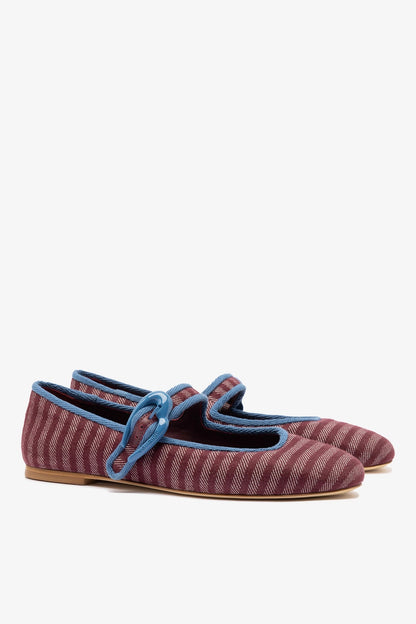 Verona Ballet Flat In Wine Striped Fabric and Blue Stoned Trimming