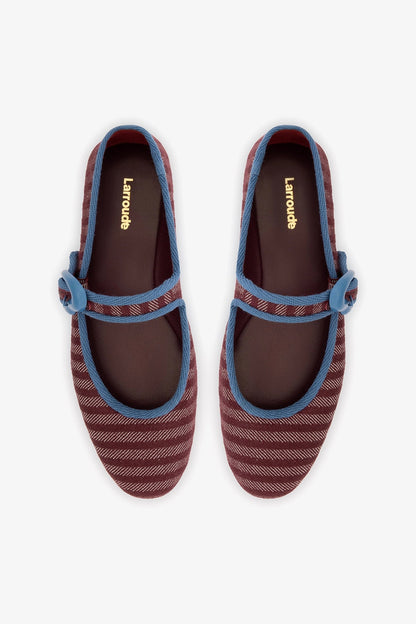 Verona Ballet Flat In Wine Striped Fabric and Blue Stoned Trimming