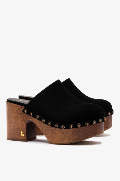 Miso Wooden Platform Clog In Black Suede