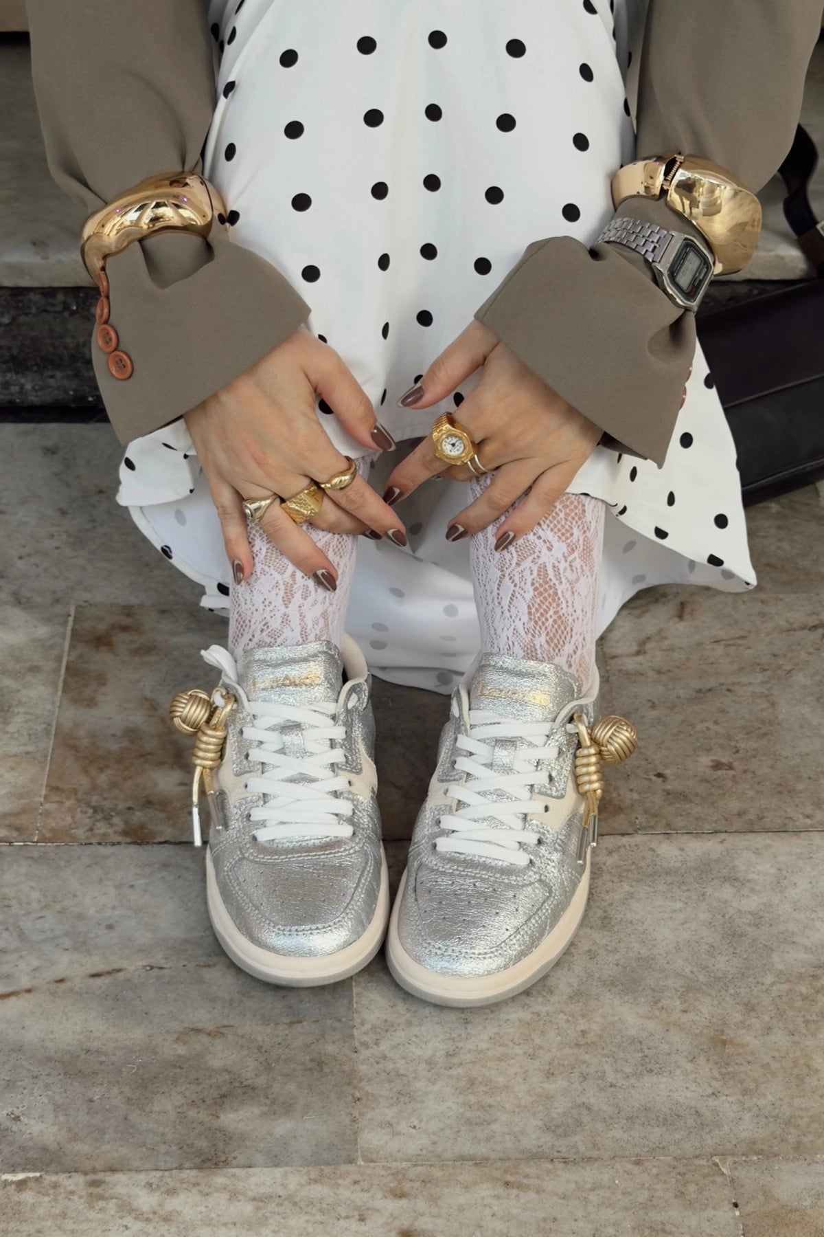 George Sneaker In Silver Sparkle Leather and Ivory Leather