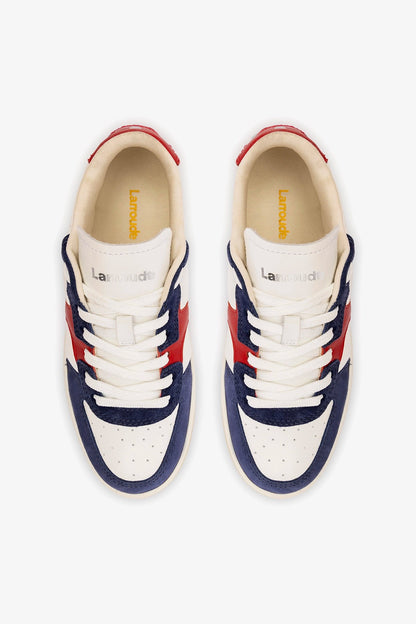 George Sneaker In White and Blood Red Leather and Navy Suede