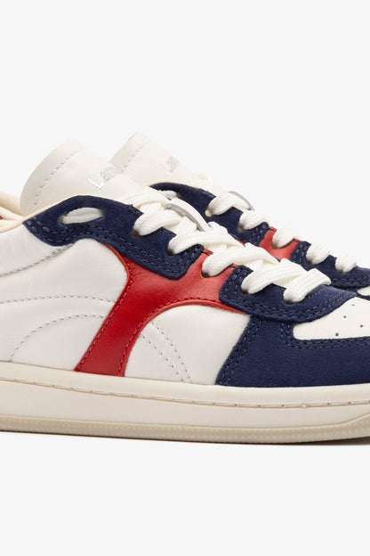 George Sneaker In White and Blood Red Leather and Navy Suede