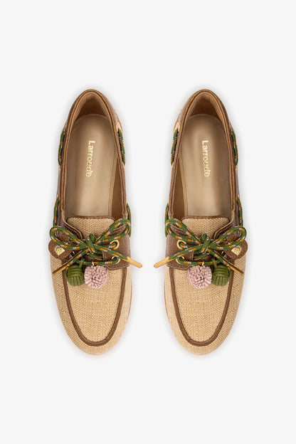Cyprus Boat Shoe In Beige Raffia And Brown Leather