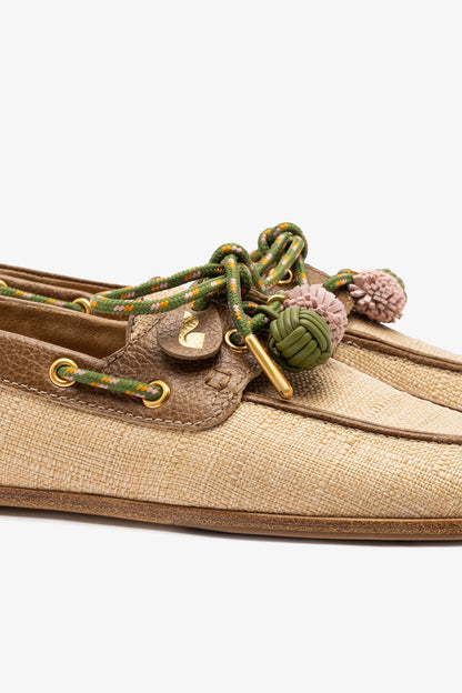 Cyprus Boat Shoe In Beige Raffia And Brown Leather