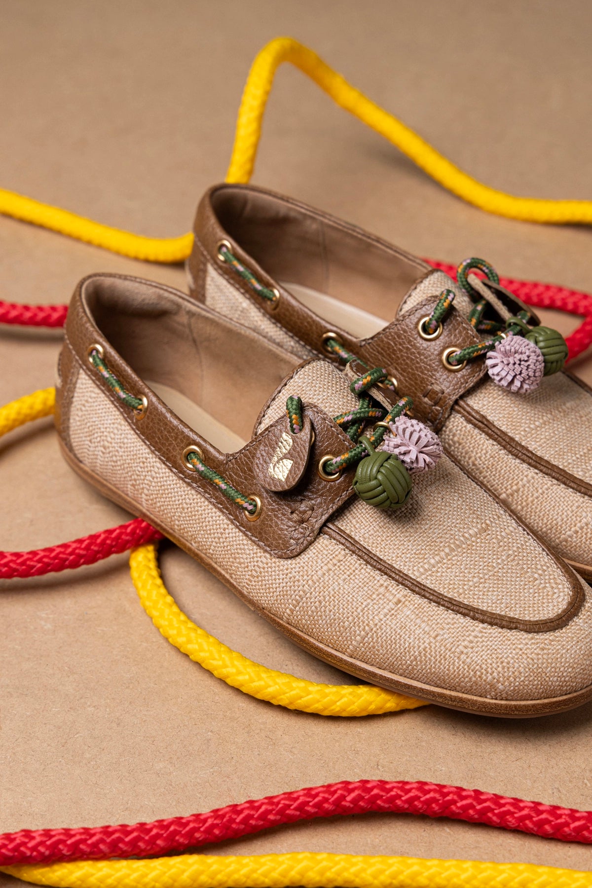 Cyprus Boat Shoe In Beige Raffia And Brown Leather