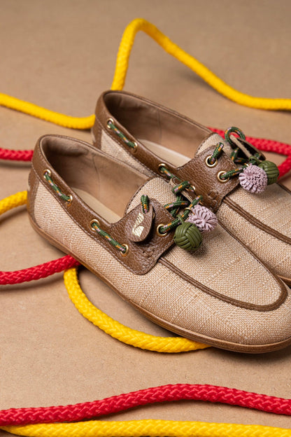 Cyprus Boat Shoe In Beige Raffia And Brown Leather