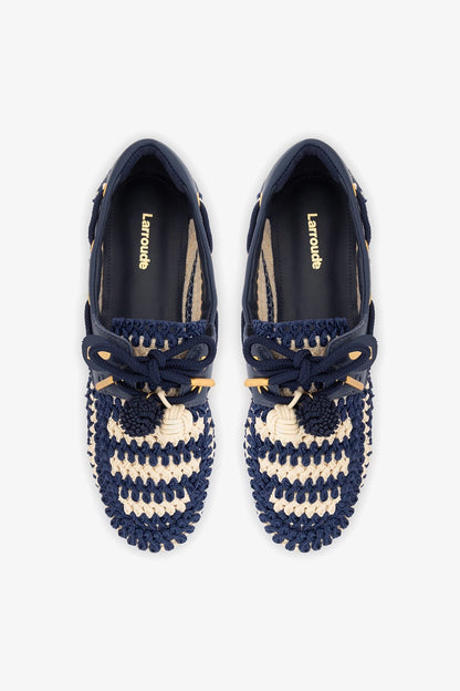 Cyprus Crochet Boat Shoe In Navy and Ivory Crochet and Navy Leather