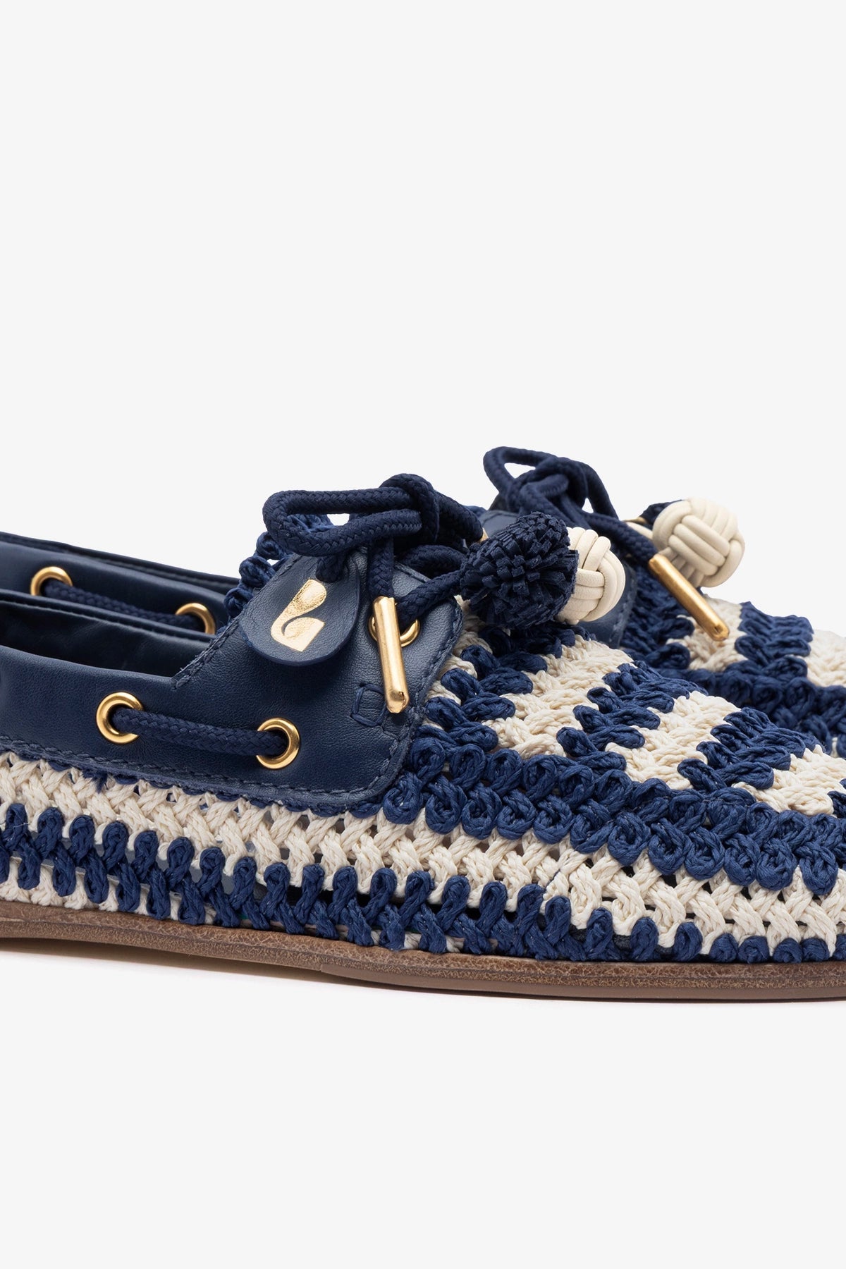 Cyprus Crochet Boat Shoe In Navy and Ivory Crochet and Navy Leather