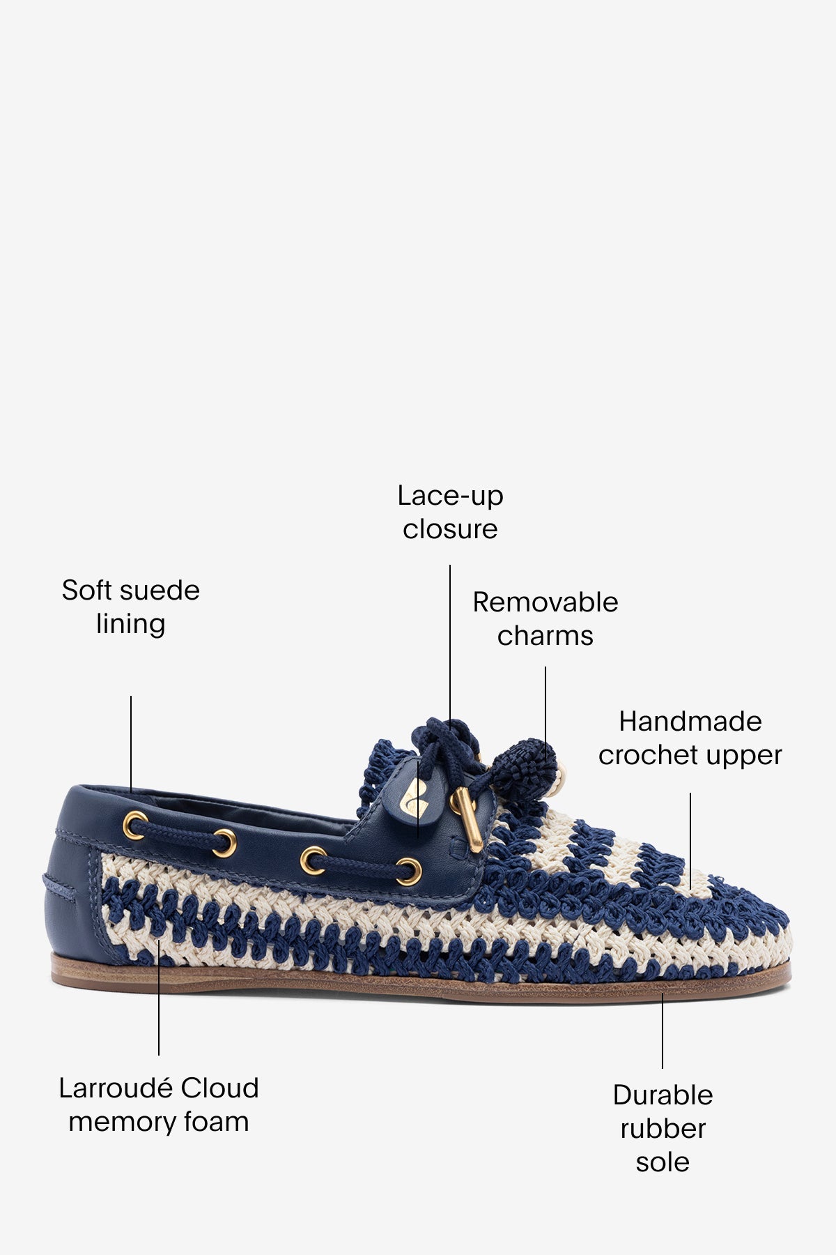 Cyprus Crochet Boat Shoe In Navy and Ivory Crochet and Navy Leather