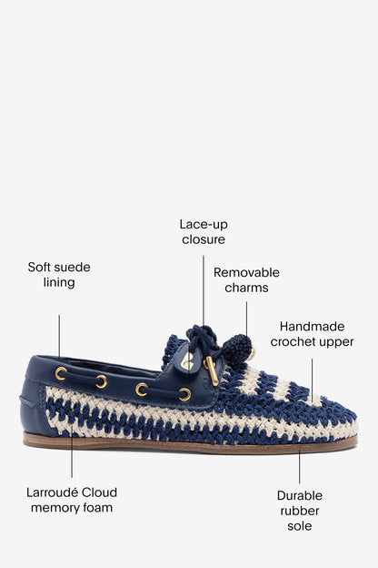 Cyprus Crochet Boat Shoe In Navy and Ivory Crochet and Navy Leather