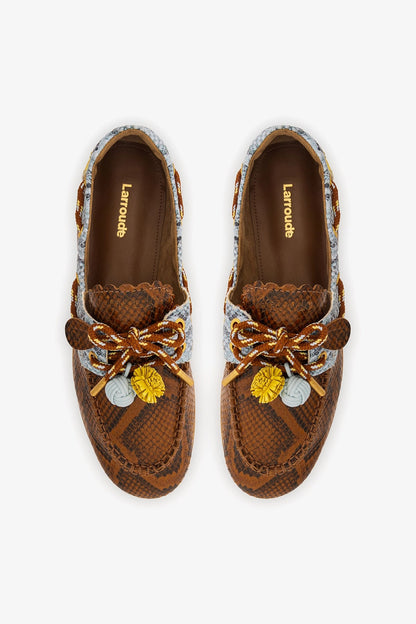 Cyprus Boat Shoe In Oud, Maya and Lemonade Python Embossed Leather