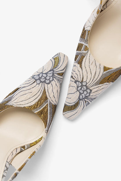 Larroudé by Markarian: Carine Pump Gold Floral Jacquard