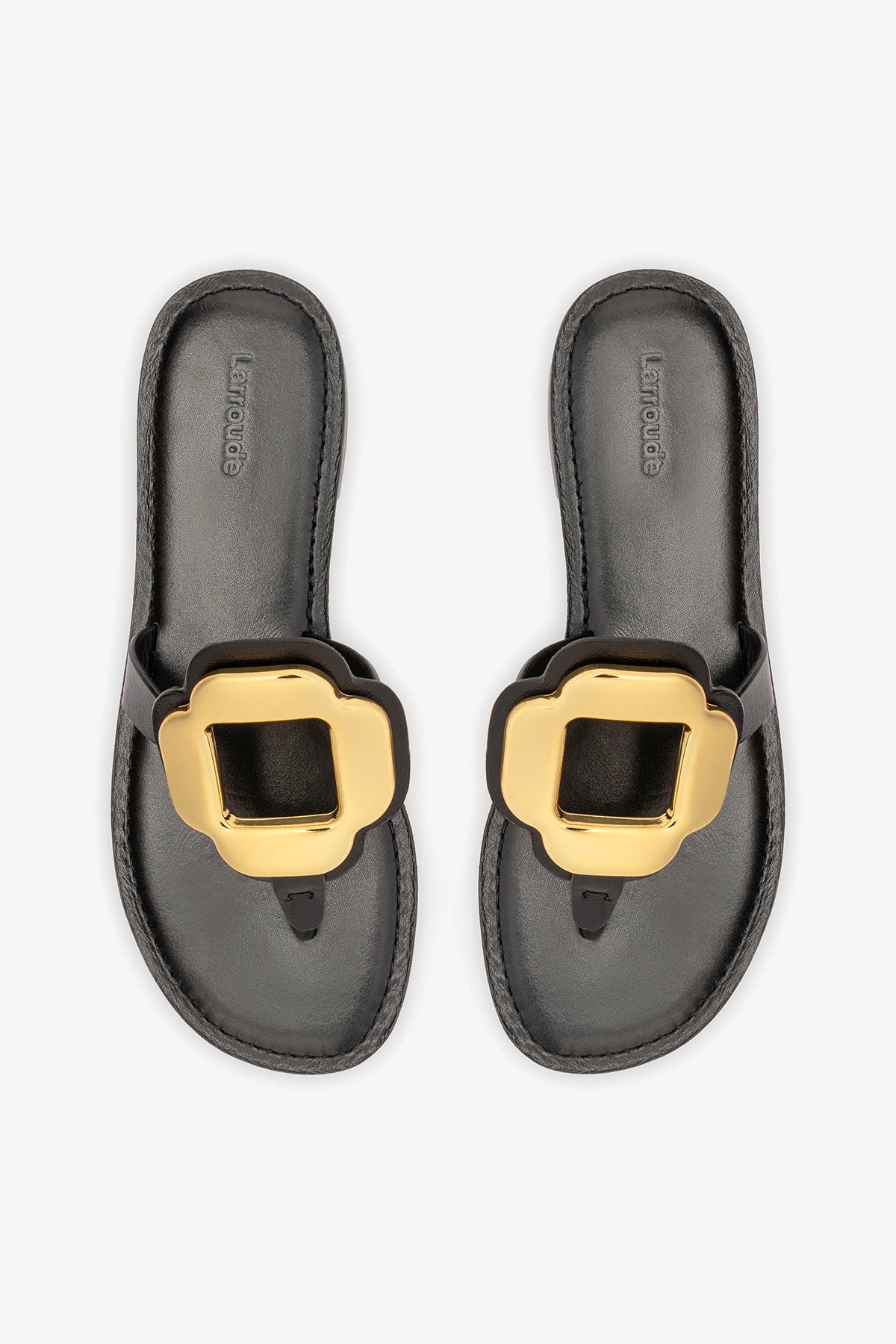 Margherita Thong Sandal in Black Leather and Gold Hardware